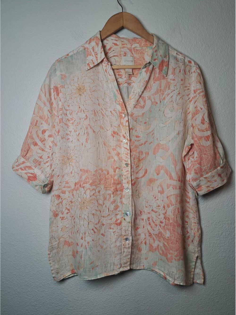 Chico's blouse top women pink Coral  LINEN button up bird palm Sz.1